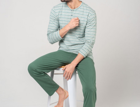 Pyjama Jersey rayé tissé-teint uni vert émeraude Coups de pinceaux